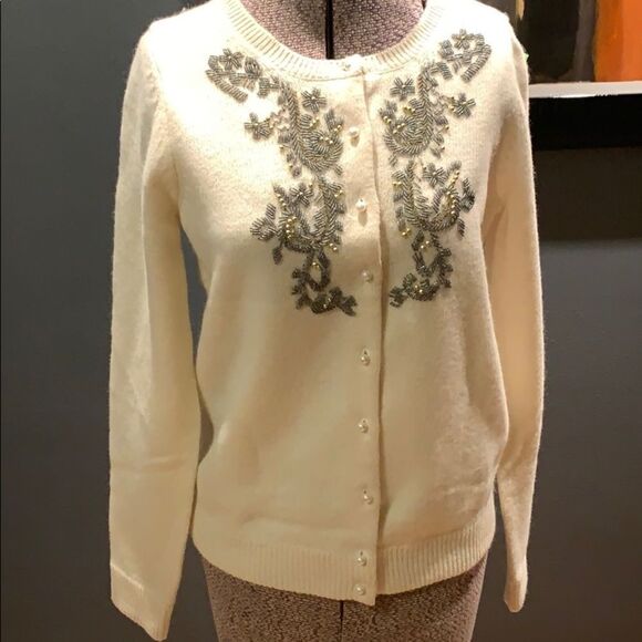 Eddie Bauer ivory wool blend beaded cardigan, new - Picture 2 of 6